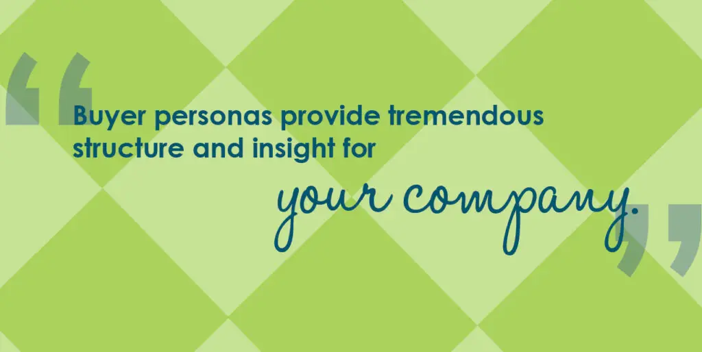 A green checkerboard pattern features blue text reading, "Buy personas provide tremendous structure and insight for your company."