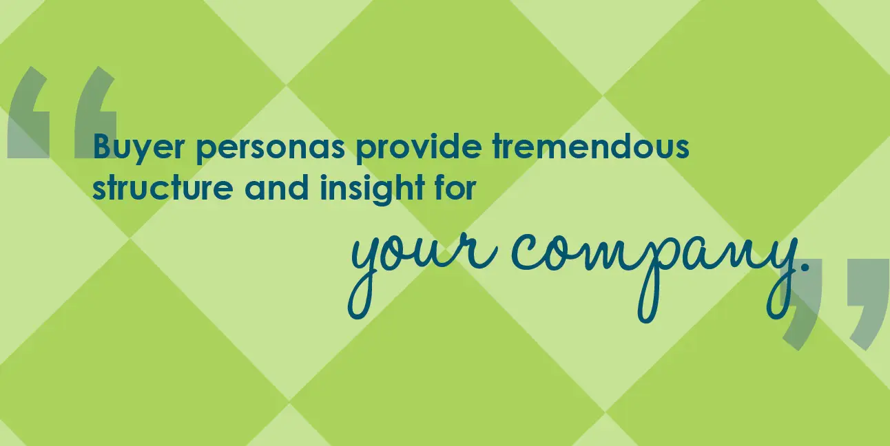 A green checkerboard pattern features blue text reading, "Buy personas provide tremendous structure and insight for your company."
