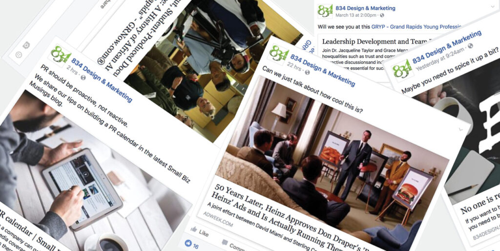 Several social media posts from 8THIRTYFOUR are piled on top of each other.