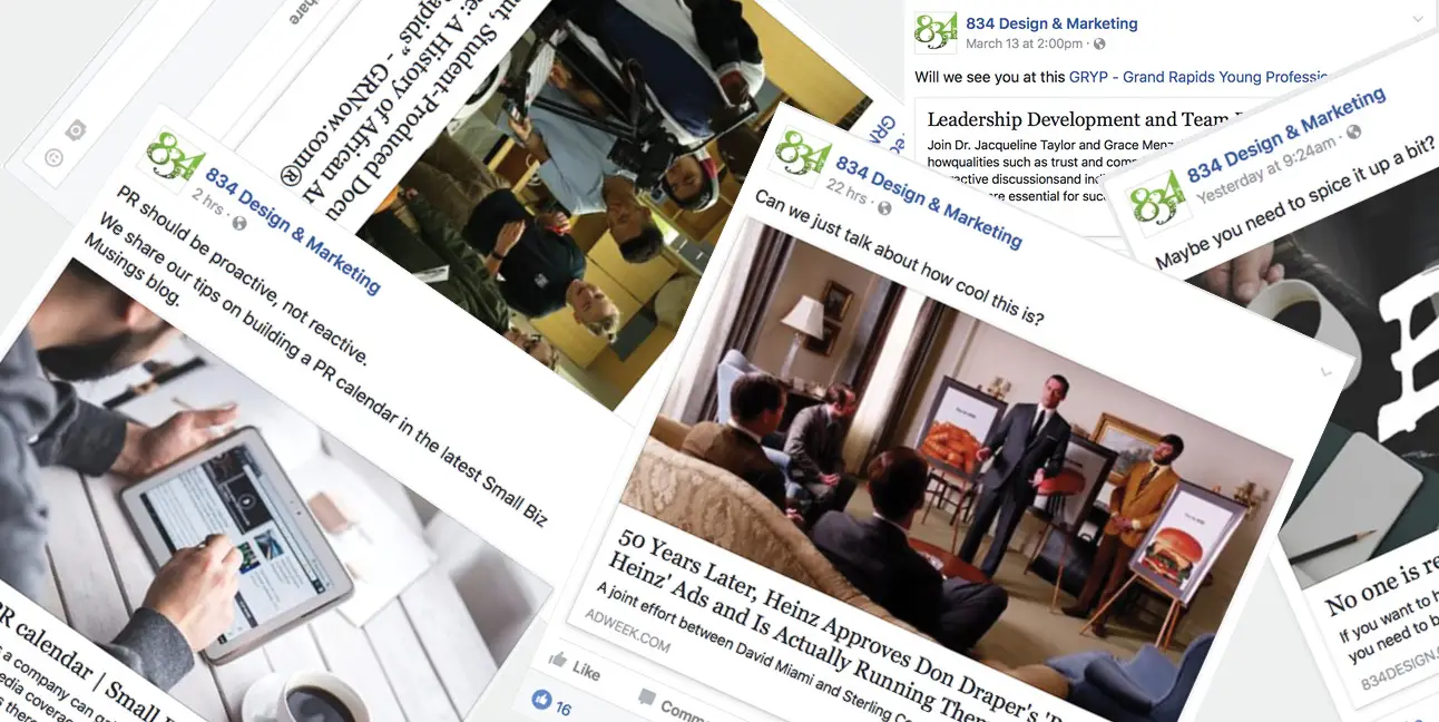Several social media posts from 8THIRTYFOUR are piled on top of each other.