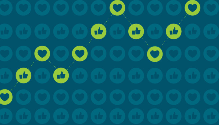 Several like and heart icons from Facebook line up to make an upward trending graph.