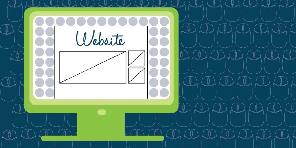 A green cartoon computer displaying a website sits on top of a background of cartoon computer mice.