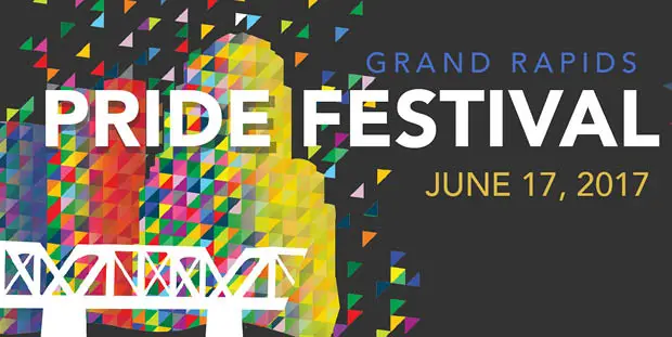 Rainbow triangles make up the Grand Rapids skyline while text reads, "Grand Rapids Pride Festival, June 17, 2017."