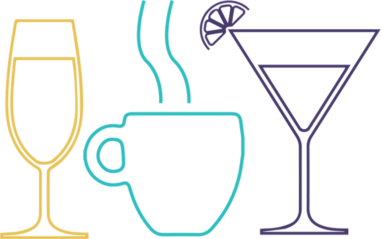 A cartoon glass of wine, mug of coffee, and martini glass