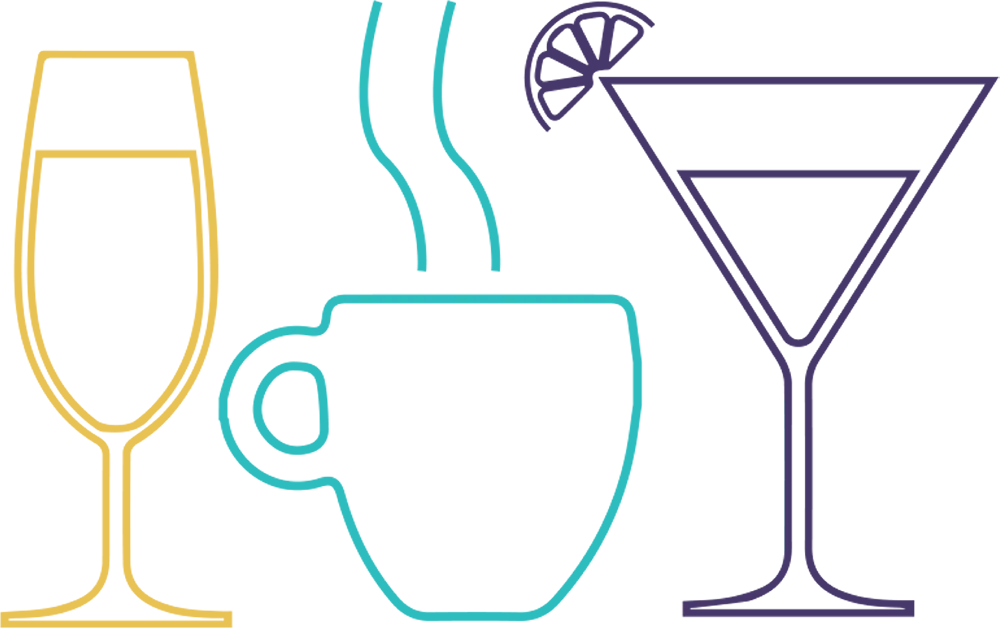 A cartoon glass of wine, mug of coffee, and martini glass