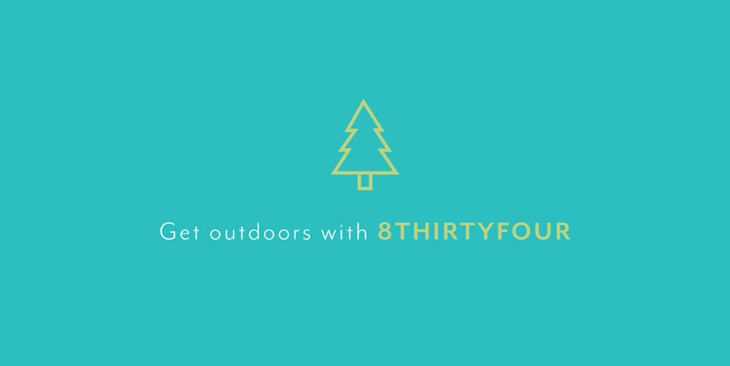 A blue background with a cartoon image of a pine tree and the words, "Get outdoors with 8THIRTYFOUR."