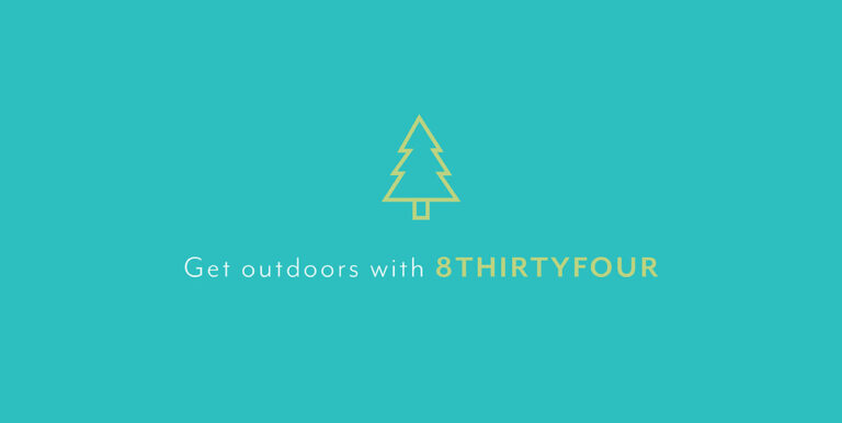 A blue background with a cartoon image of a pine tree and the words, "Get outdoors with 8THIRTYFOUR."