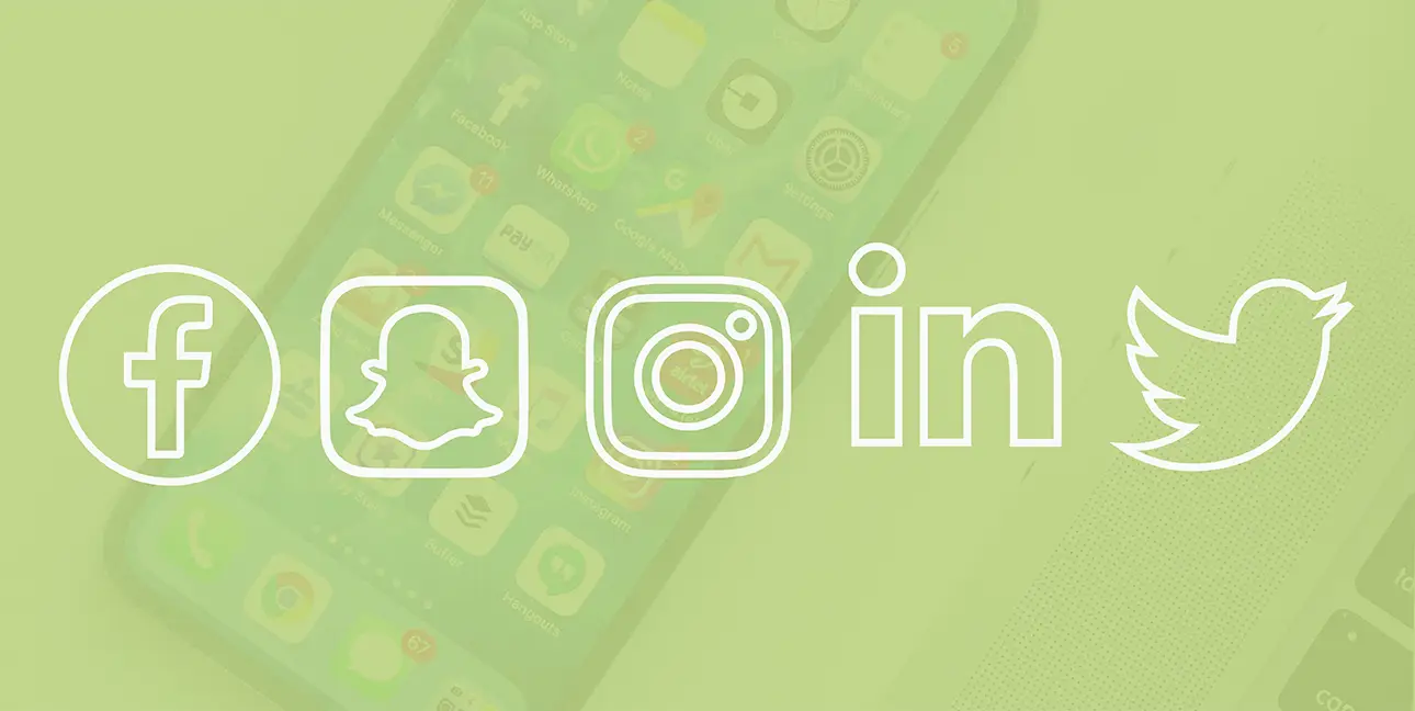 A phone displays multiple social media apps, while social media logos for Facebook, SnapChat, Instagram, Linkedin, and Twitter are superimposed over the image
