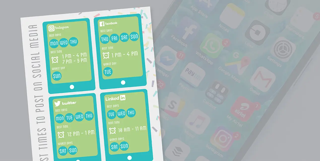 A phone displays multiple social media apps while a preview of a social media pdf is superimposed over the image