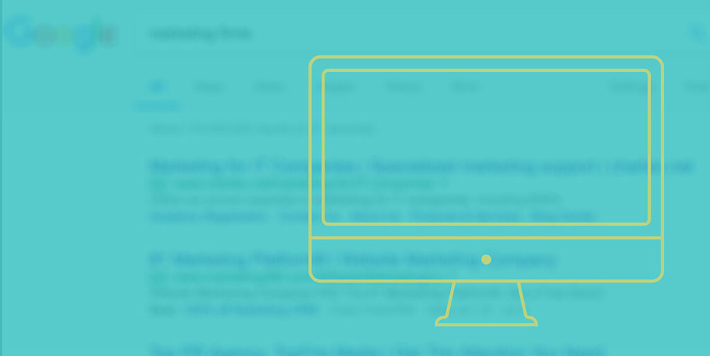 A cartoon computer is superimposed over the results of a Google search