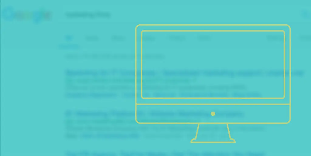 A cartoon computer is superimposed over the results of a Google search