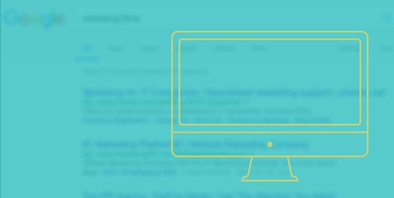 A cartoon computer is superimposed over the results of a Google search