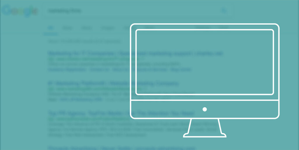 A cartoon computer screen is superimposed over the results of a Google search