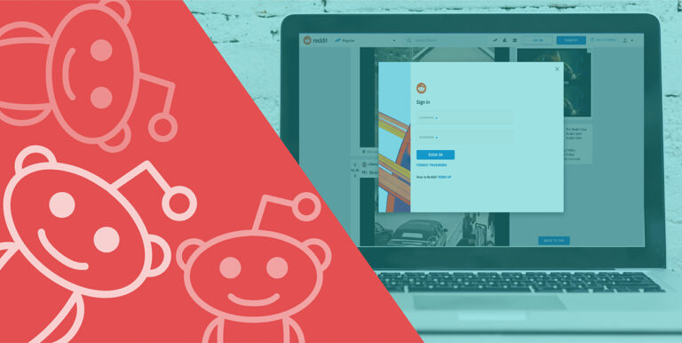 A laptop displays the sign in screen for Reddit while the Reddit logo is superimposed over the scene