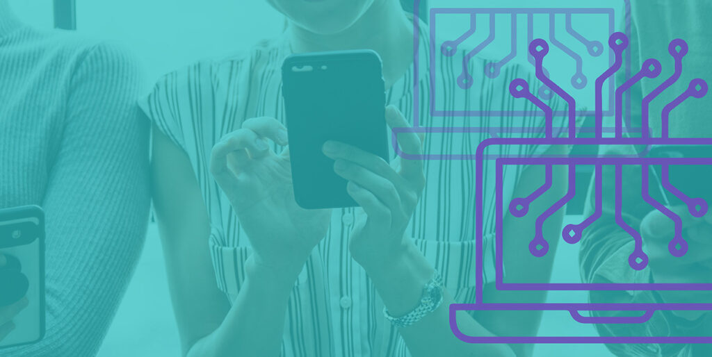 A woman uses a phone to browse the web while laptops are superimposed over her