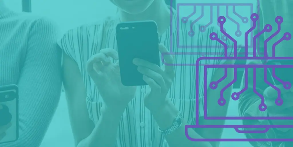 A woman uses a phone to browse the web while laptops are superimposed over her