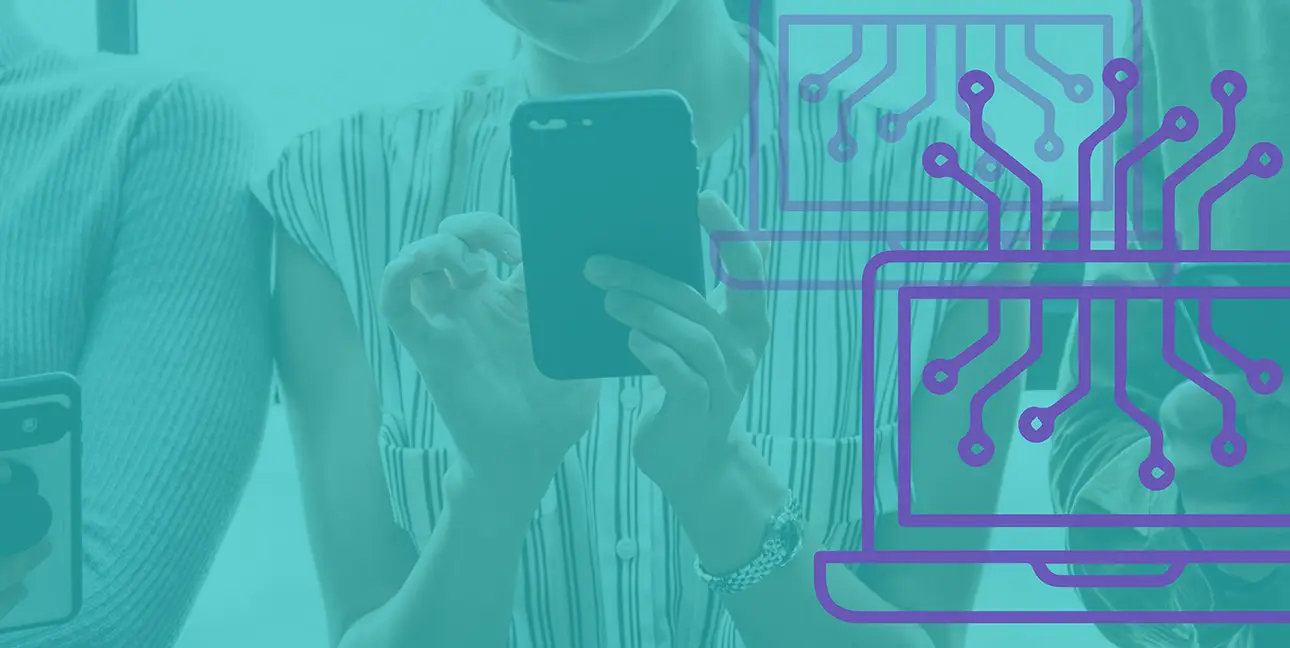 A woman uses a phone to browse the web while laptops are superimposed over her