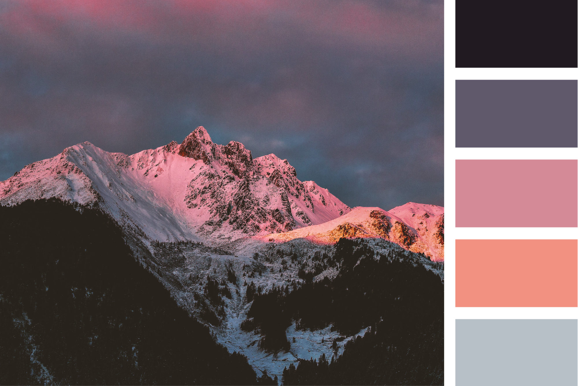 A pink, black, and gray color palette inspired by a winter sunset on a mountain