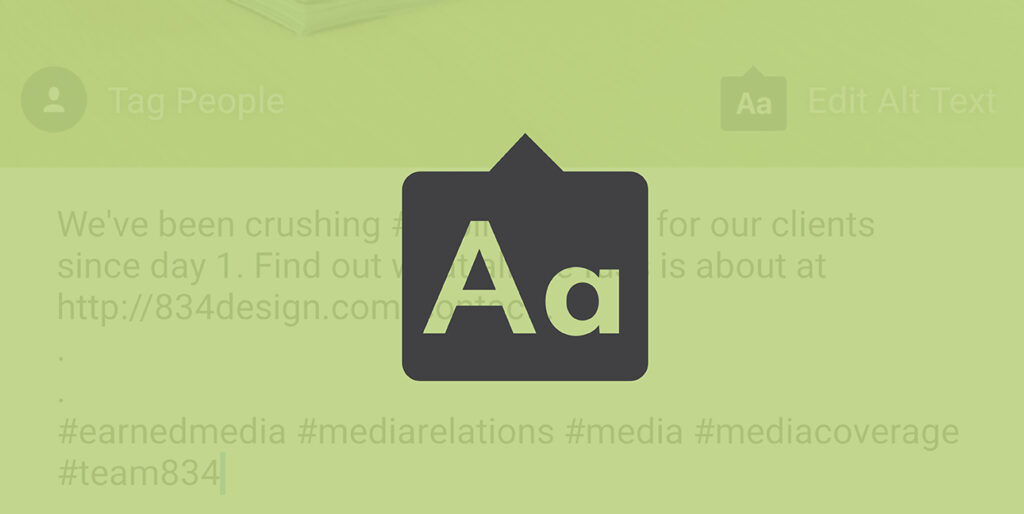 The symbol for Alt Text rests above the edit button on an Instagram image on the 8THIRTYFOUR Instagram account.