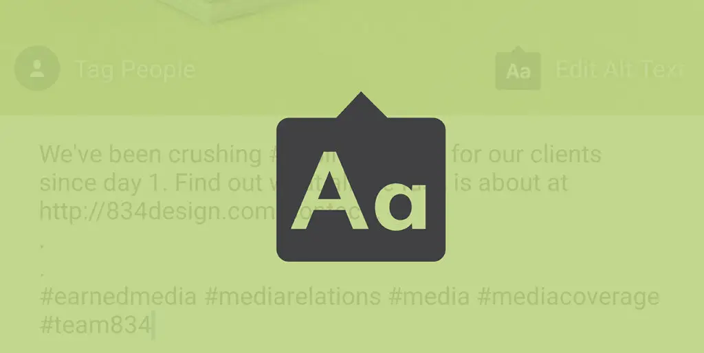 The symbol for Alt Text rests above the edit button on an Instagram image on the 8THIRTYFOUR Instagram account.