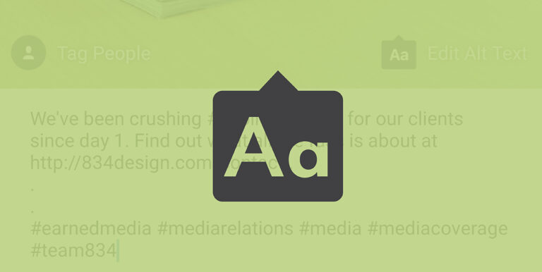 The symbol for Alt Text rests above the edit button on an Instagram image on the 8THIRTYFOUR Instagram account.