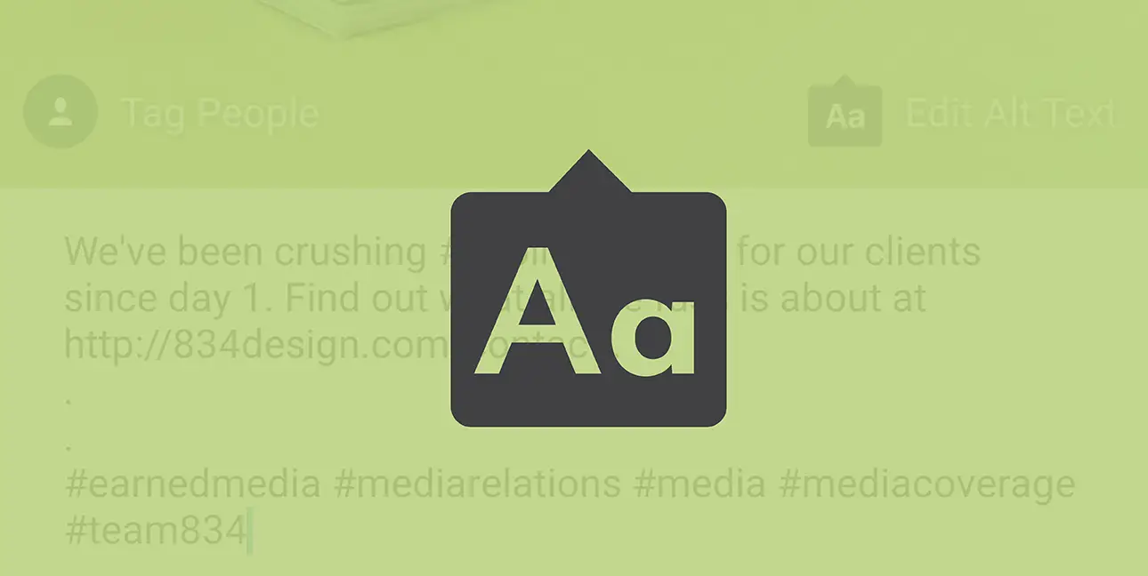 The symbol for Alt Text rests above the edit button on an Instagram image on the 8THIRTYFOUR Instagram account.