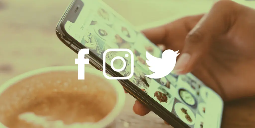 An image of a person drinking coffee and scrolling social media. A Facebook, Twitter and Instagram icon are placed over the photo.