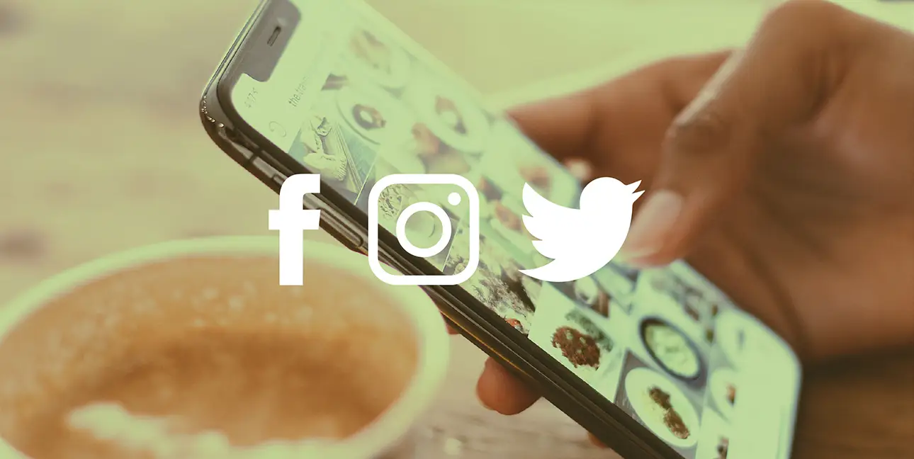 An image of a person drinking coffee and scrolling social media. A Facebook, Twitter and Instagram icon are placed over the photo.