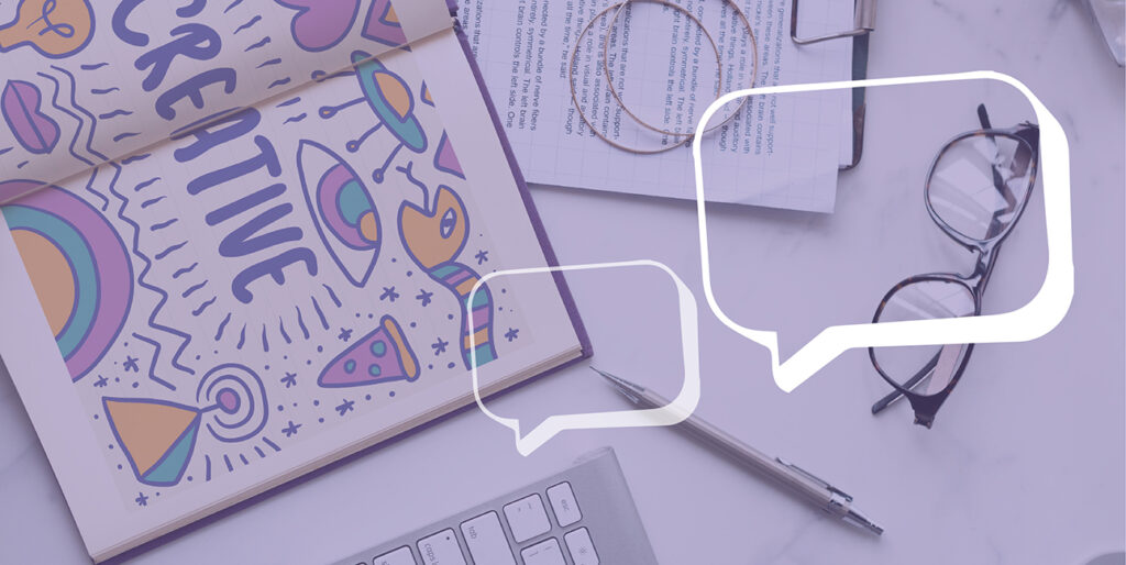 An image of a notebook and glasses with speech bubble cartoons on top of the image.