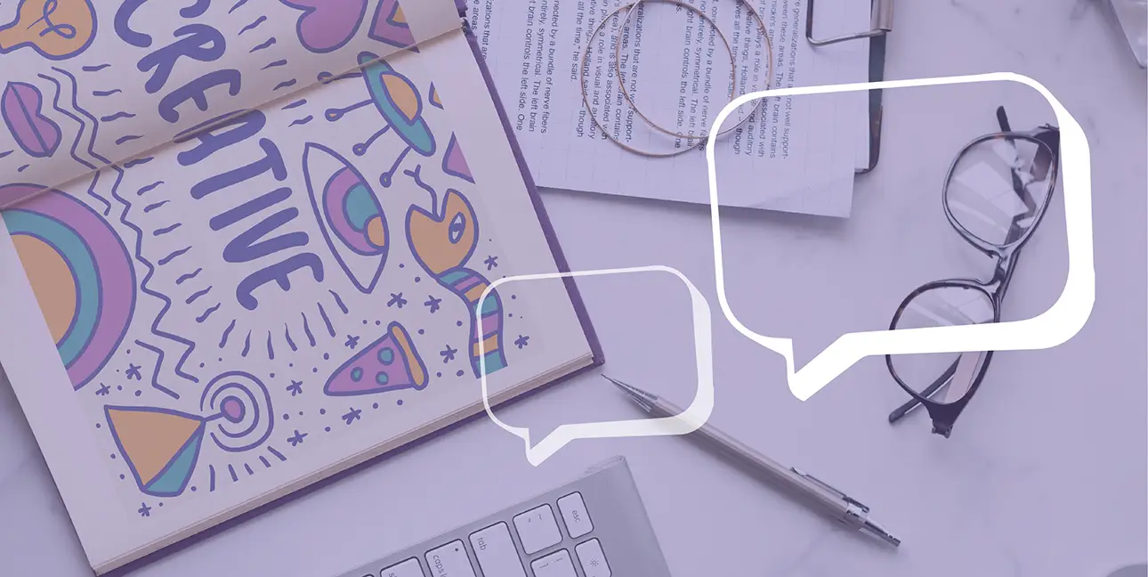 An image of a notebook and glasses with speech bubble cartoons on top of the image.