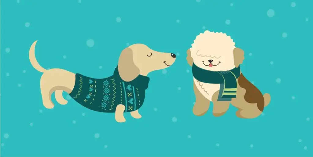 A blue background with polka dots and two cartoon dogs.