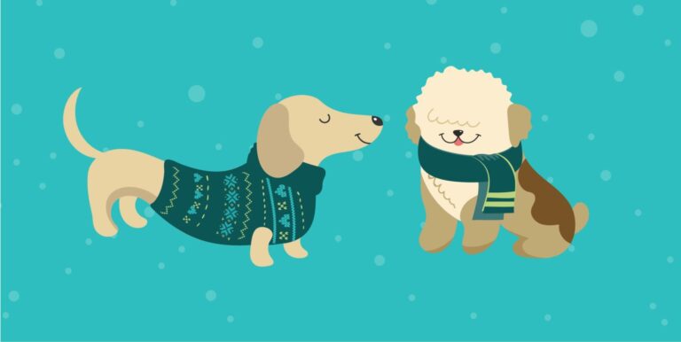 A blue background with polka dots and two cartoon dogs.