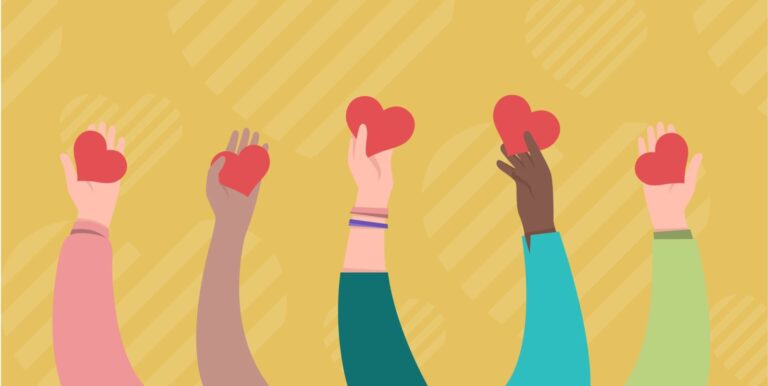 A graphic of multiple arms holding up red hearts against a yellow background.
