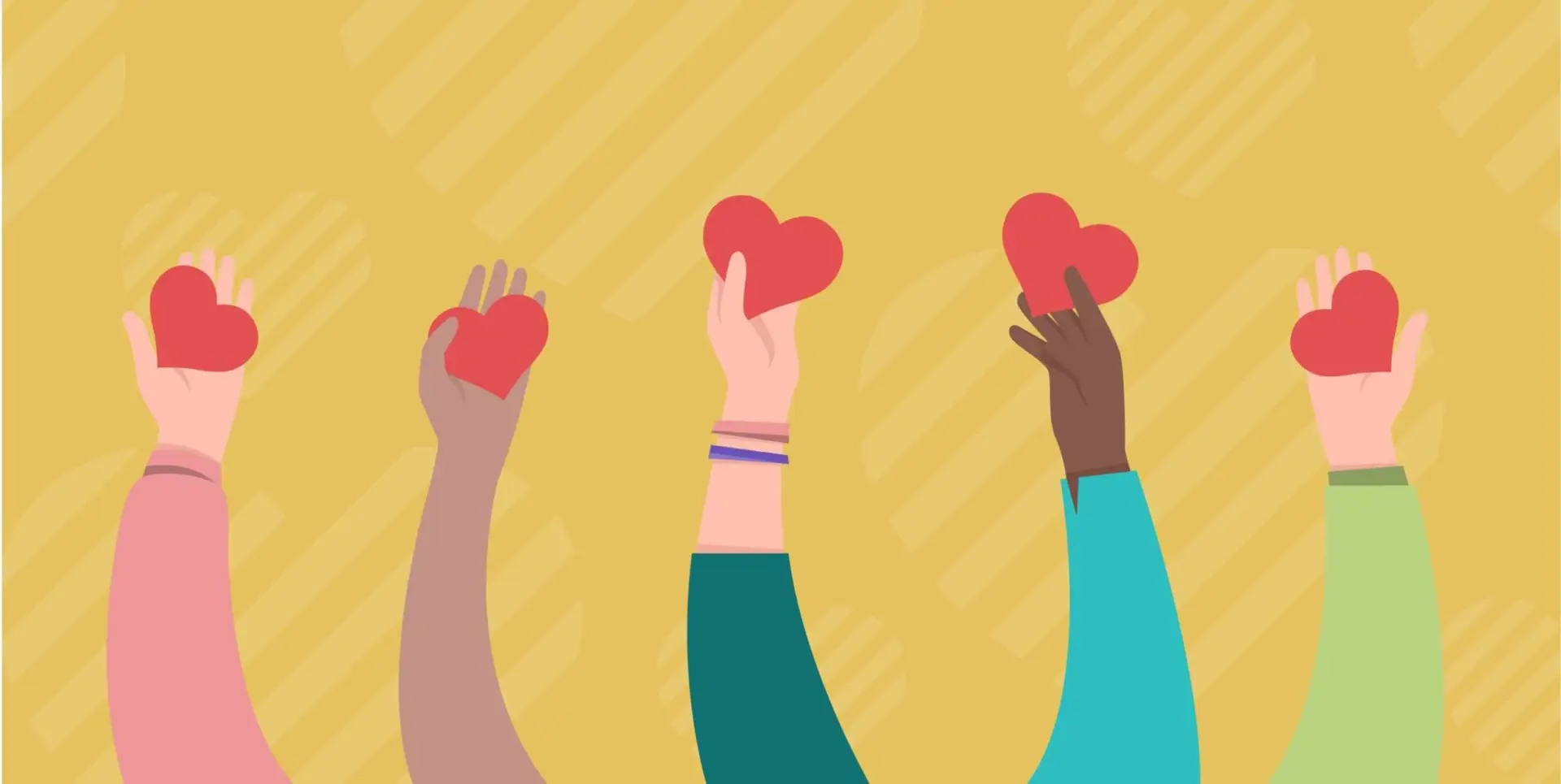 A graphic of multiple arms holding up red hearts against a yellow background.