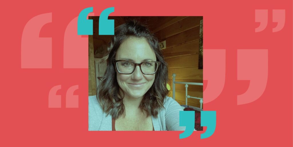 An image of Kim Bode against a red background.