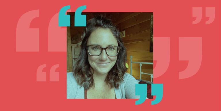 An image of Kim Bode against a red background.