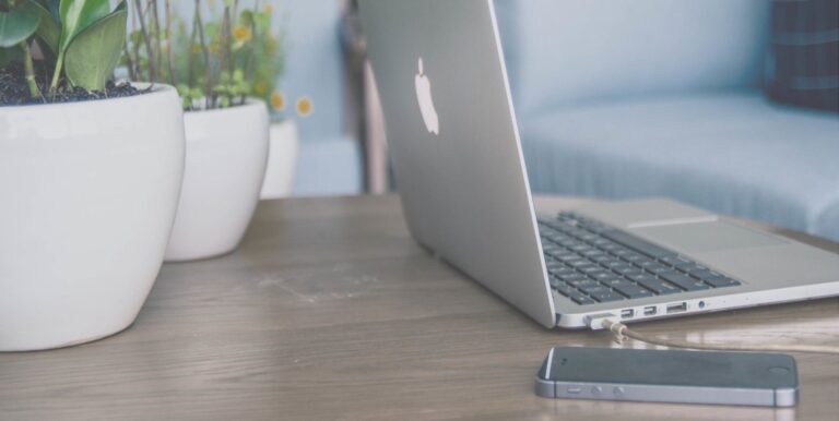 A laptop sitting on a wood desk with two plants and a phone placed next to it.