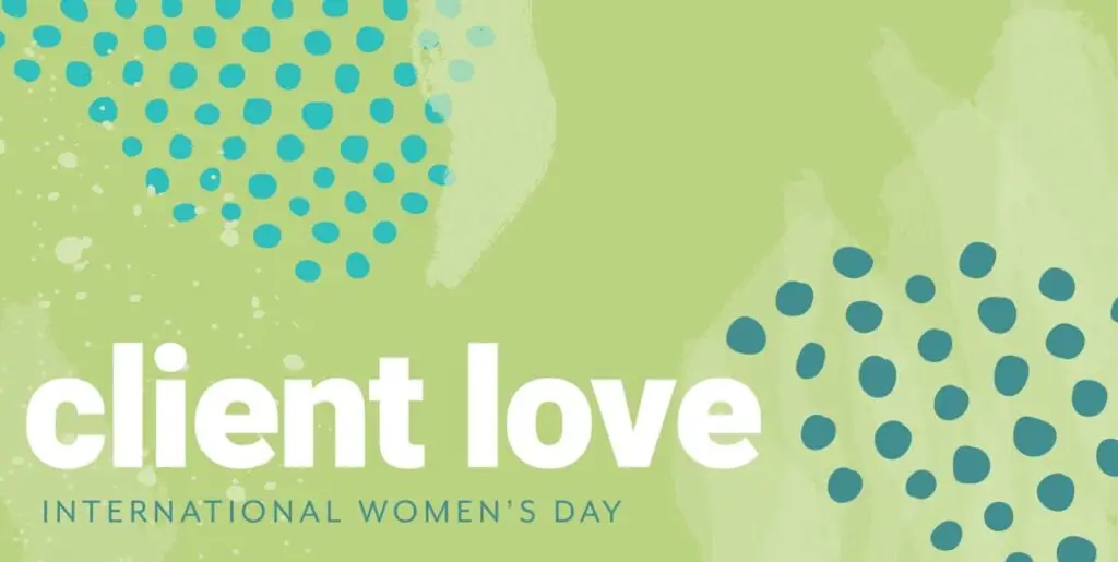 Green background with some polka dots and the text "client love" in the bottom left corner.