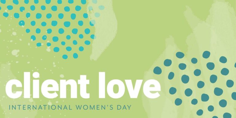 Green background with some polka dots and the text "client love" in the bottom left corner.