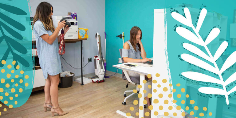 Chelsea, Creative Lead, photographs Brianna, PR Specialist, hard at work.