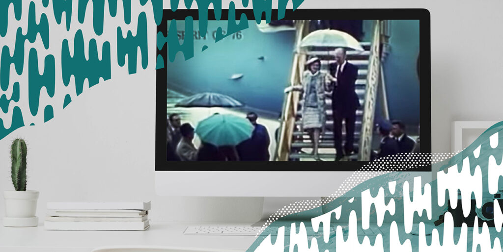 A snapshot of a video of President Ford falling down stairs.