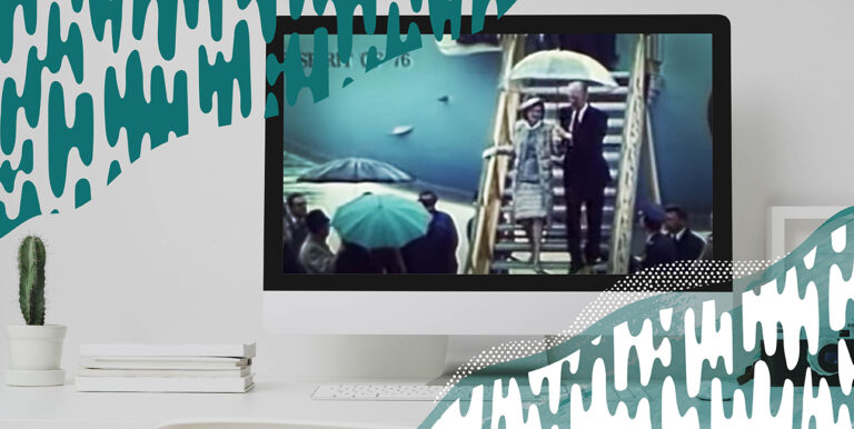 A snapshot of a video of President Ford falling down stairs.