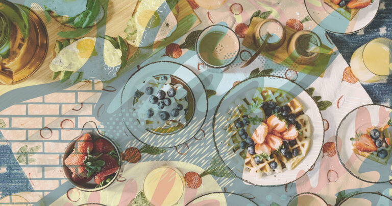 Waffles with blueberries and strawberries, pancakes with whipped cream and coffee with muted green illustrations over top