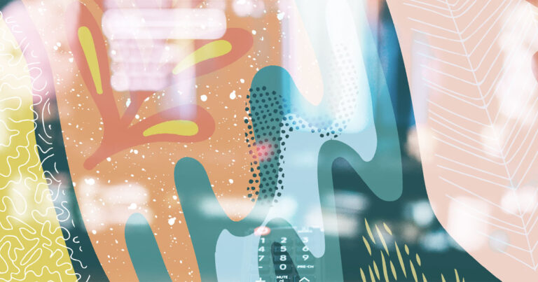 Television Remote pointed at the television with orange and green illustrations over top