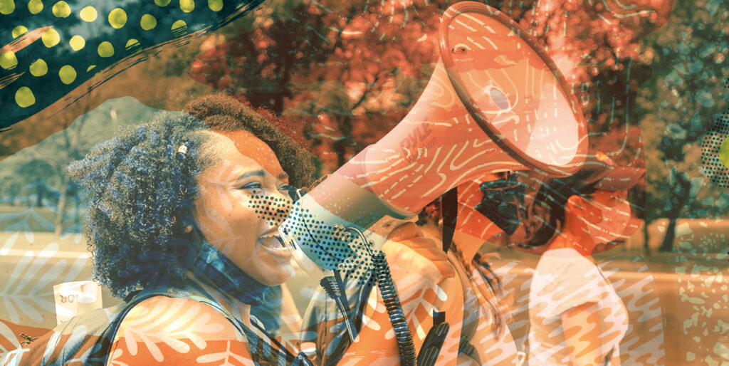 Black woman marching with megaphone
