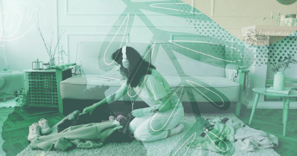 Woman searching through bag wearing headphones