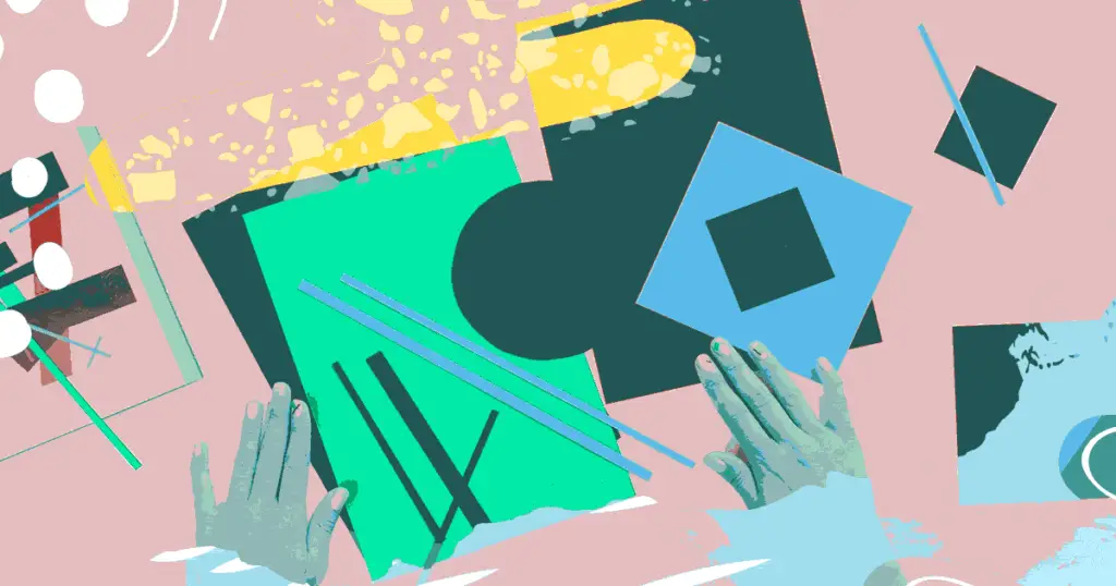 Green and blue shapes moving on top of a yellow and pink background