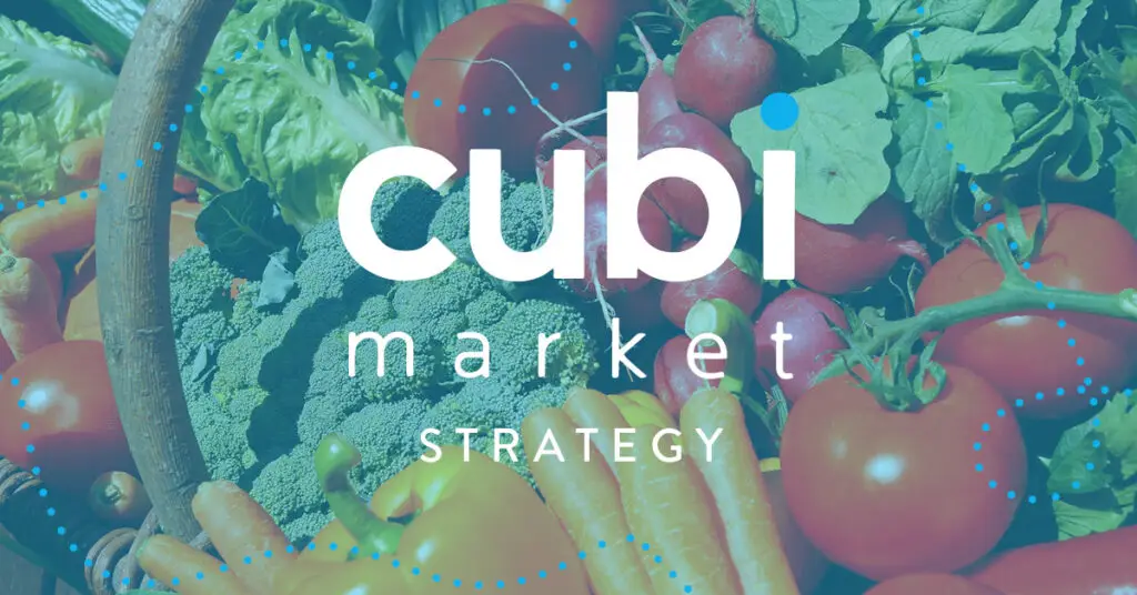 The Cubi Market logo overlay on a spread of fresh groceries, with the text, "Cubi Market Strategy."