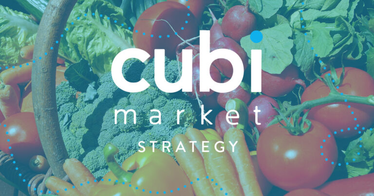 The Cubi Market logo overlay on a spread of fresh groceries, with the text, "Cubi Market Strategy."