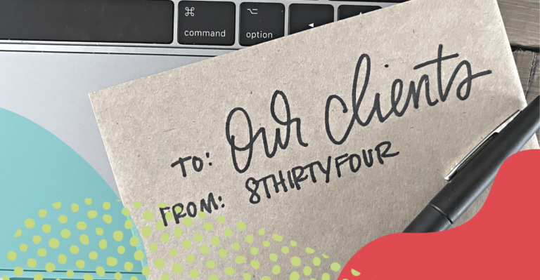 A thank you letter addressed to “Our Clients” from 8THIRTYFOUR rests on a team member’s desk.